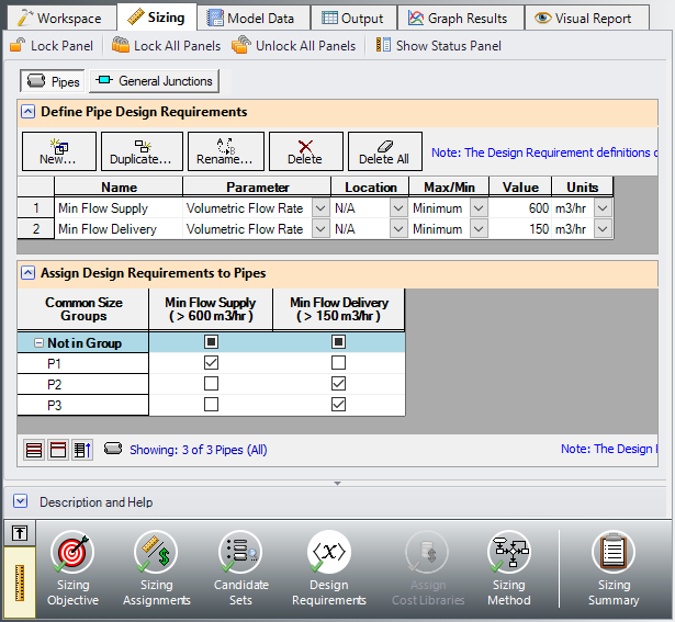 The Design Requirements panel with the minimum flow requirements defined.